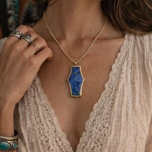 Vintage Lapis Lazuli Modernist Pendant Necklace Gold Filled Chain Blue Stone